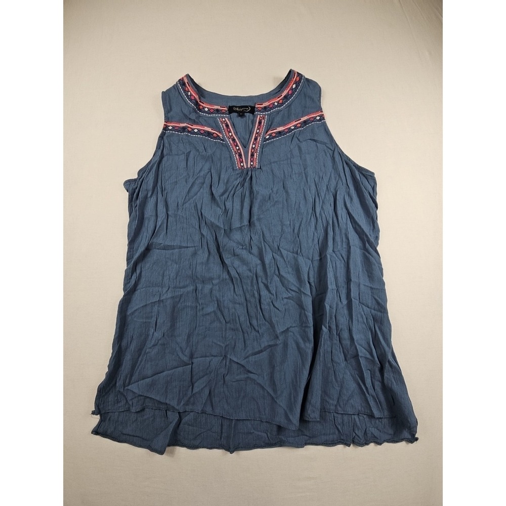 Whispers New York Women's Blue Split V Neck Embroidery Blouse Top Plus Size 1X